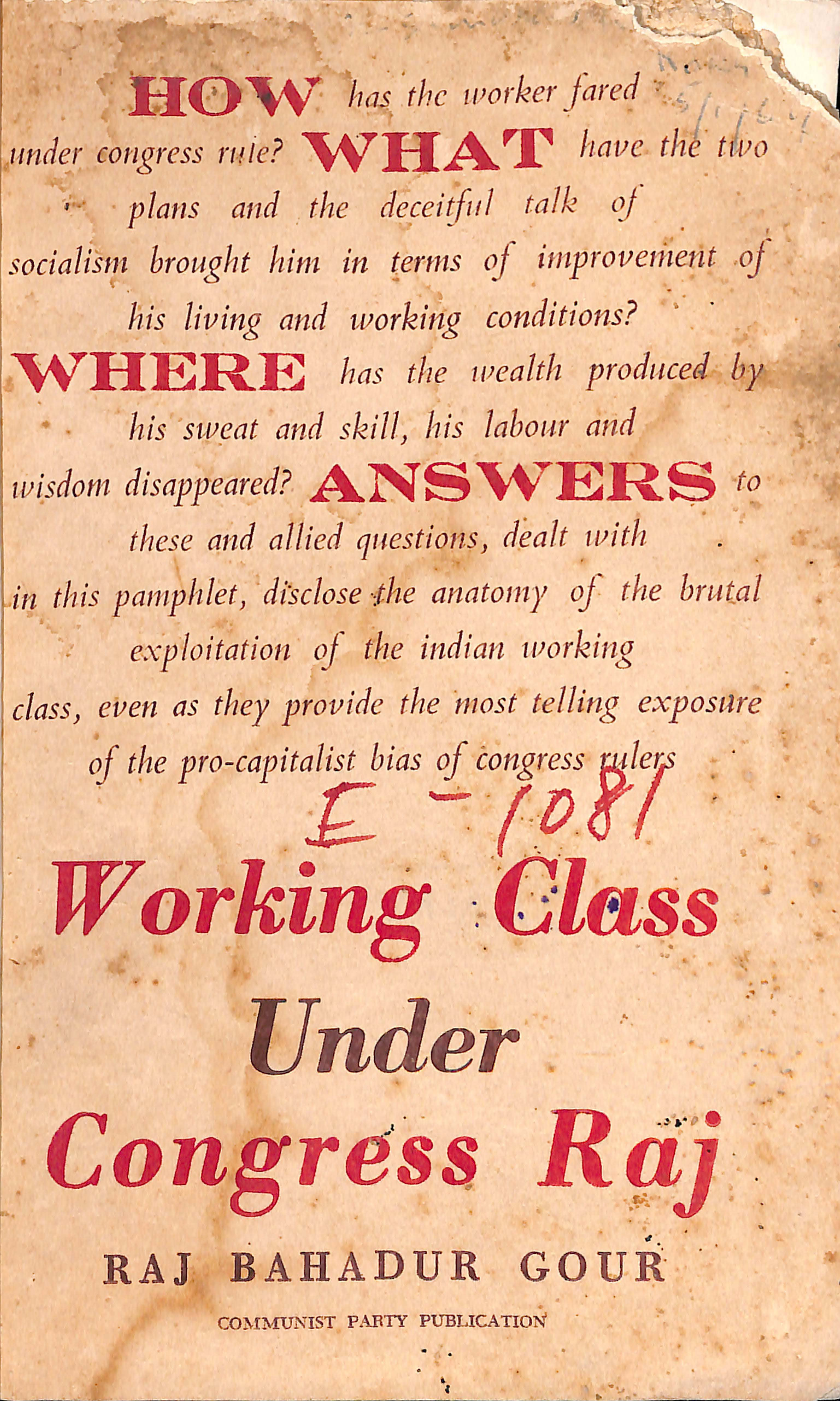 Working Class Under Congress Raj