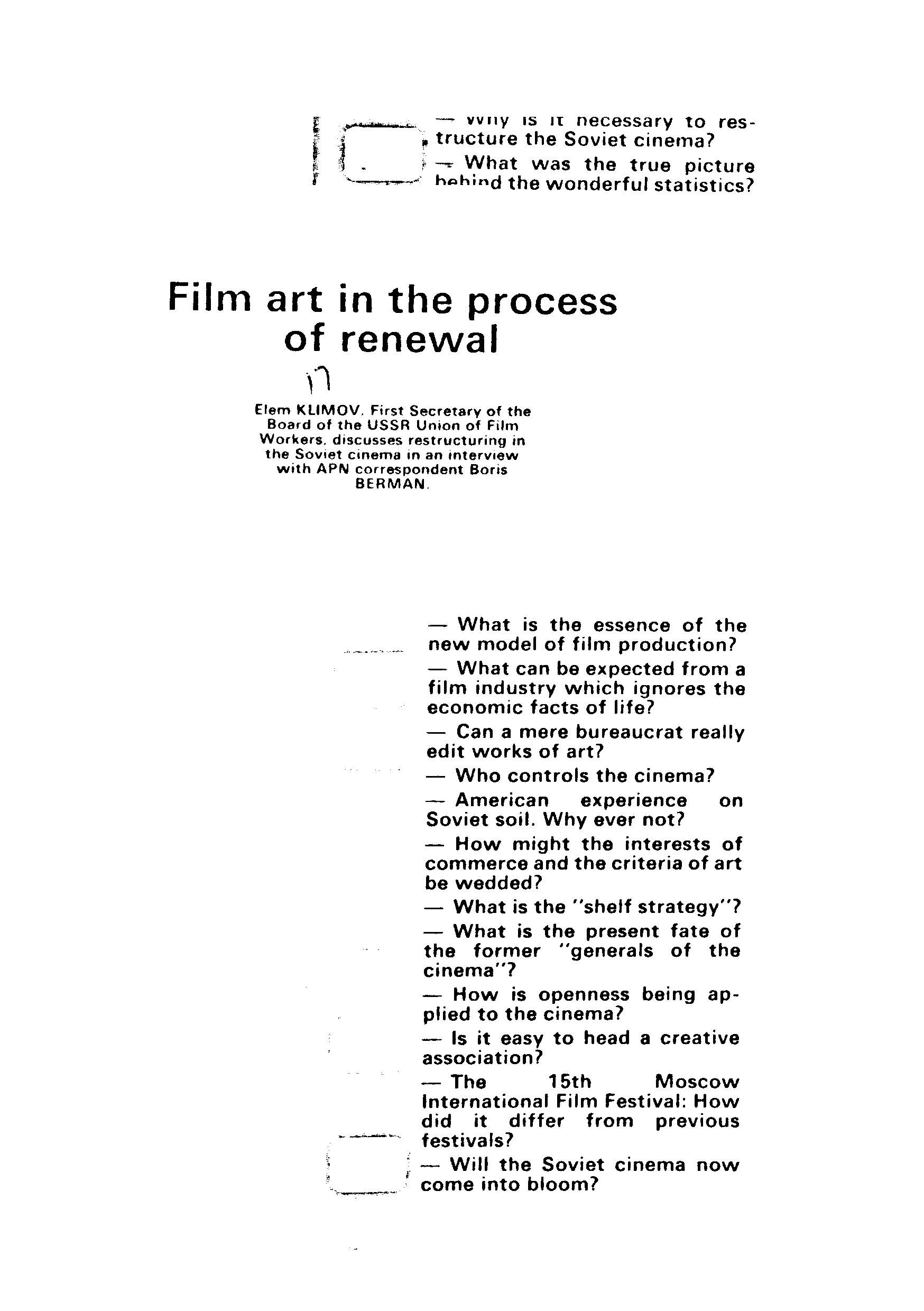 Film Arts In The Process Of Renwal