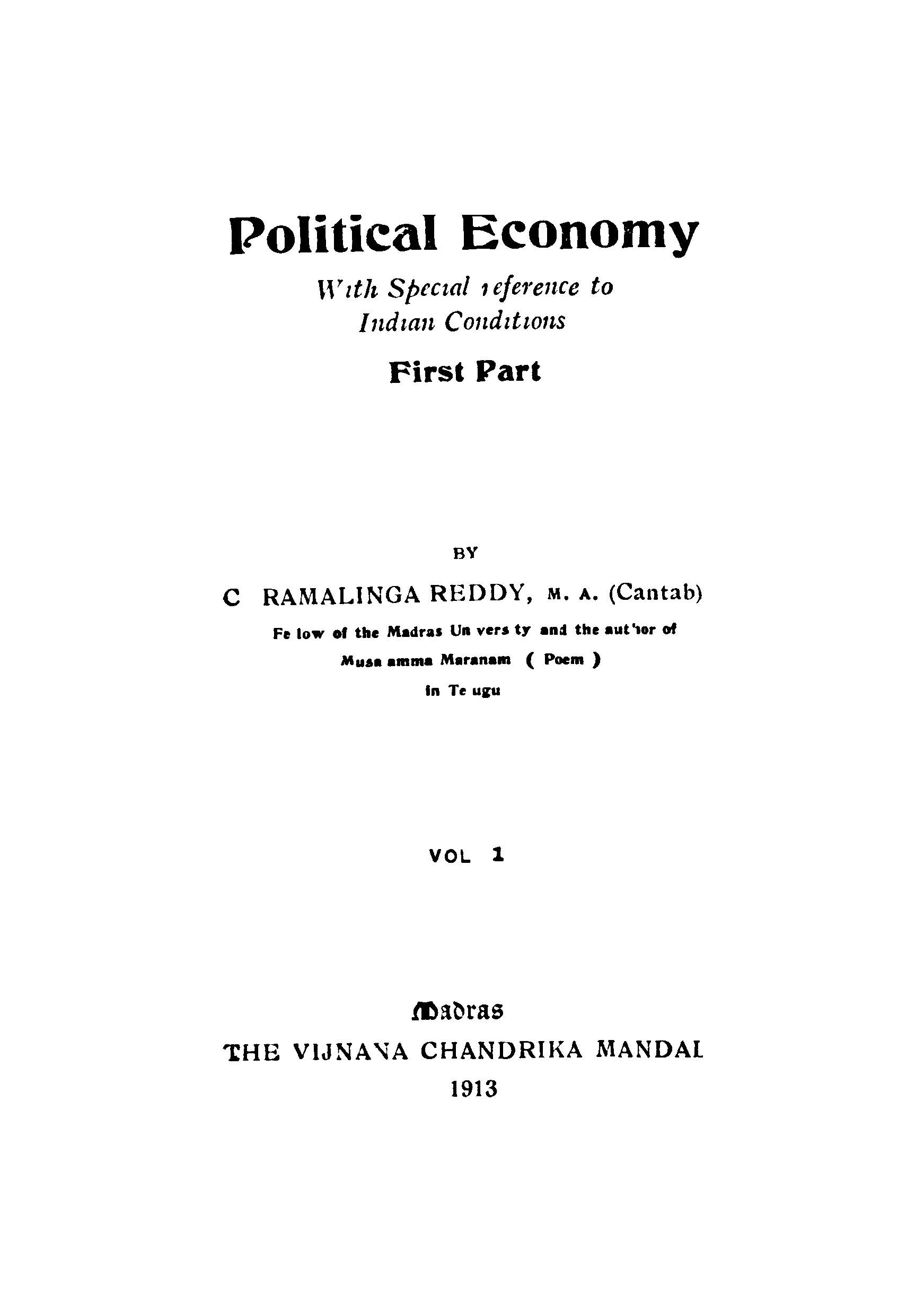 Political Economy With Special Reference to Indian Conditions ( First Part)