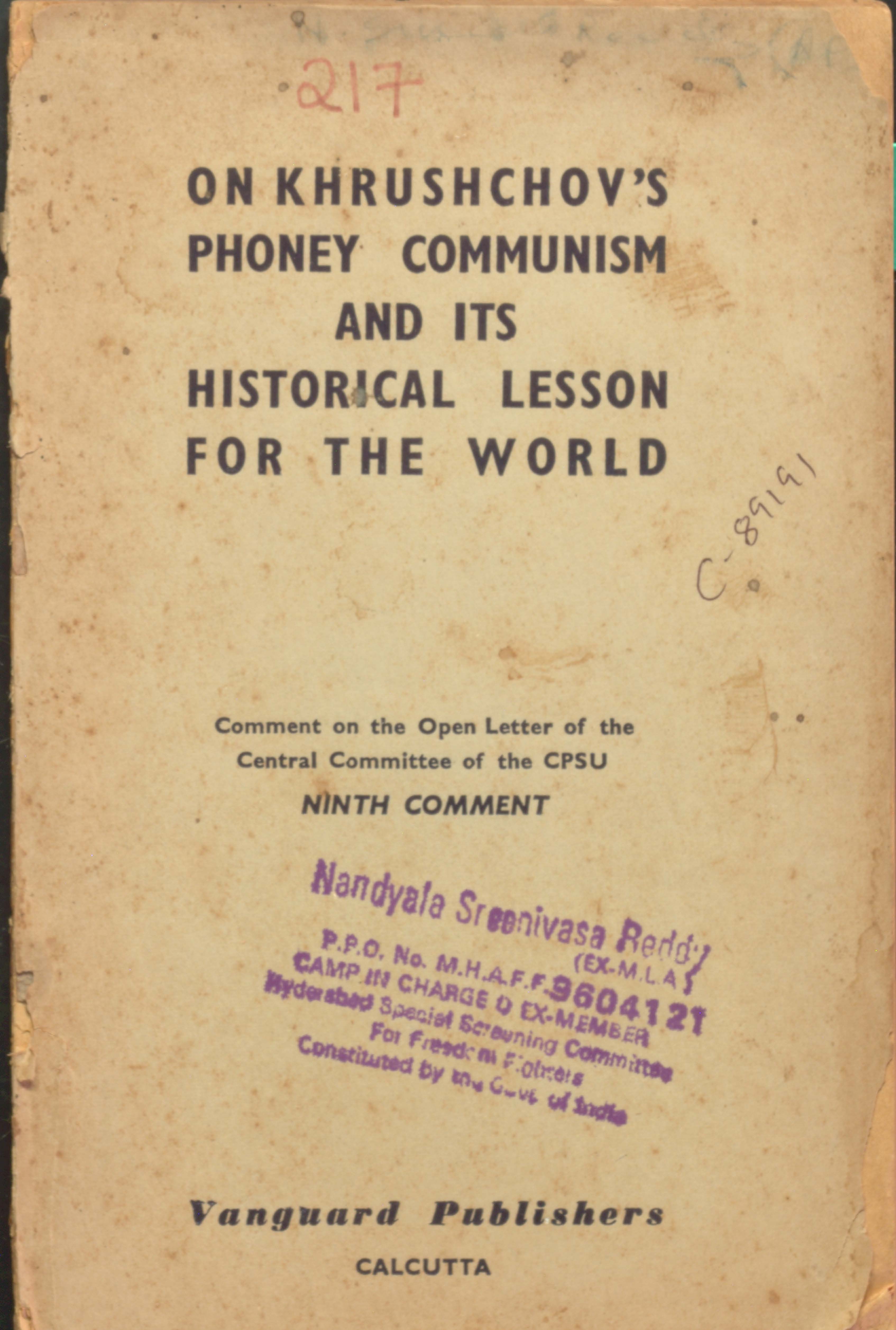 On Khrushchov's Phoney Communism And Its Historical lesson for the world